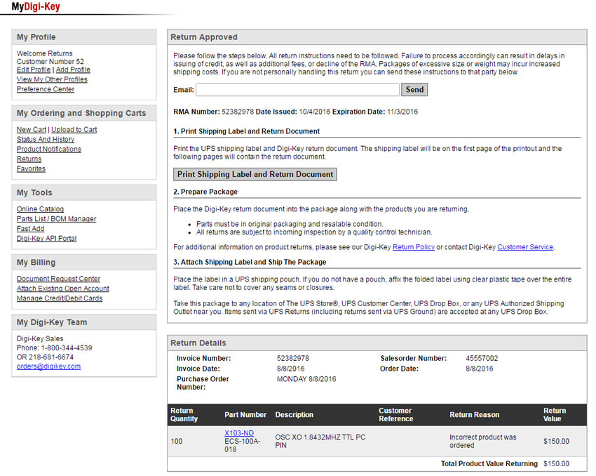Online Returns | DigiKey